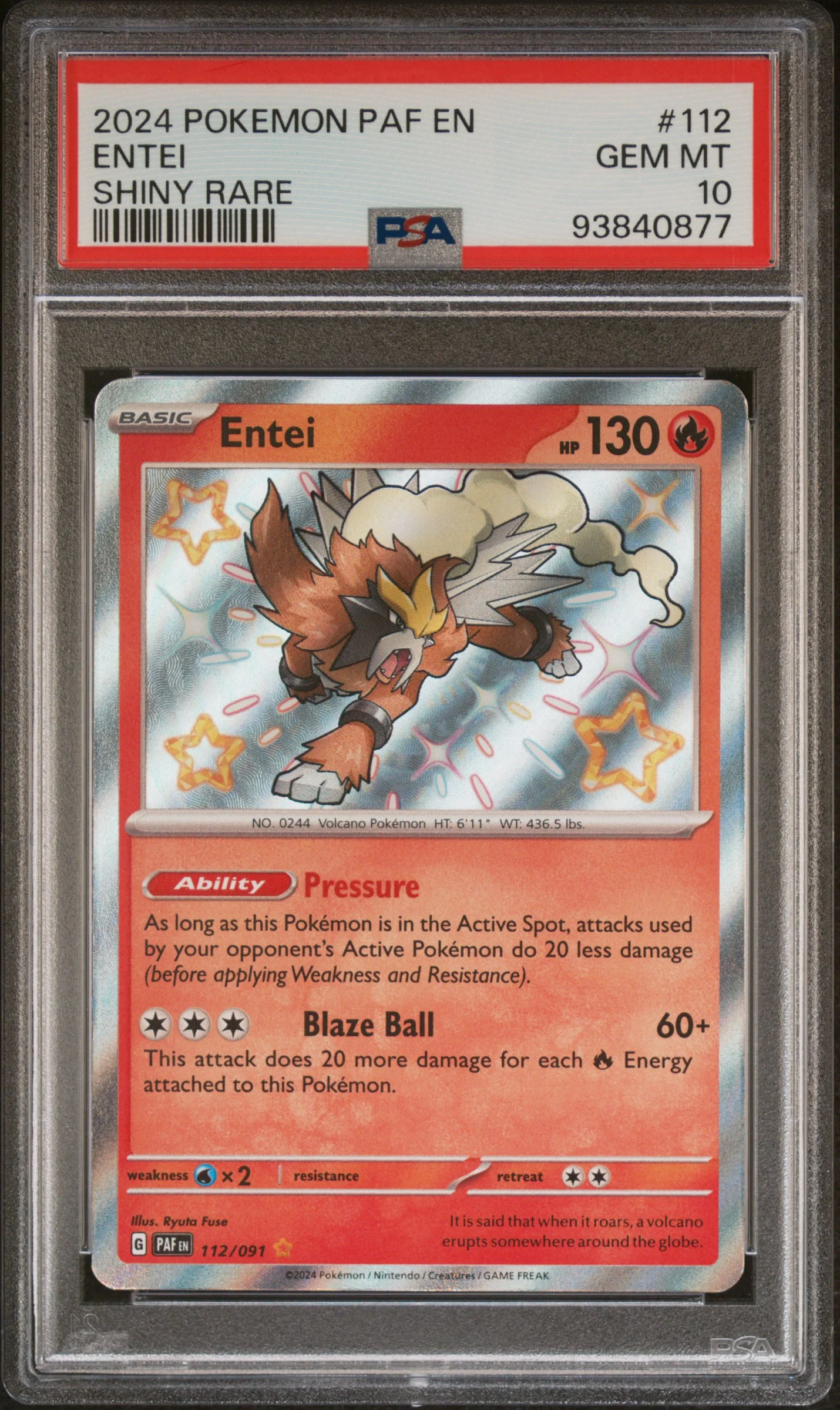 ENTEI SHINY RARE 2024 POKEMON PAF EN-PALDEAN FATES PSA 10